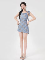 Light Blue Plaid Tie-Shoulder Swim Dress