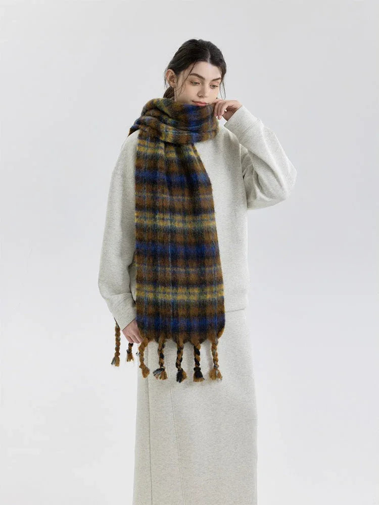 Vintage Plaid Wool Blend Scarf - TEVQA