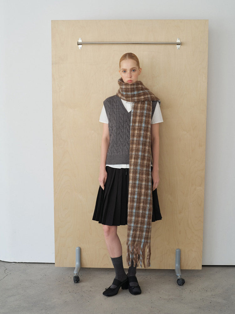 Oversized Plaid Wool Blend Scarf with Fringe - View 7 | TEVQA