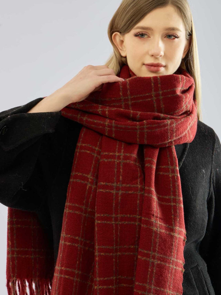 Textured Boucle Plaid Scarf Red