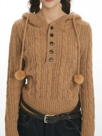 Soft Bouclé Knit Pom-Pom Hooded Sweater - View 6 | TEVQA