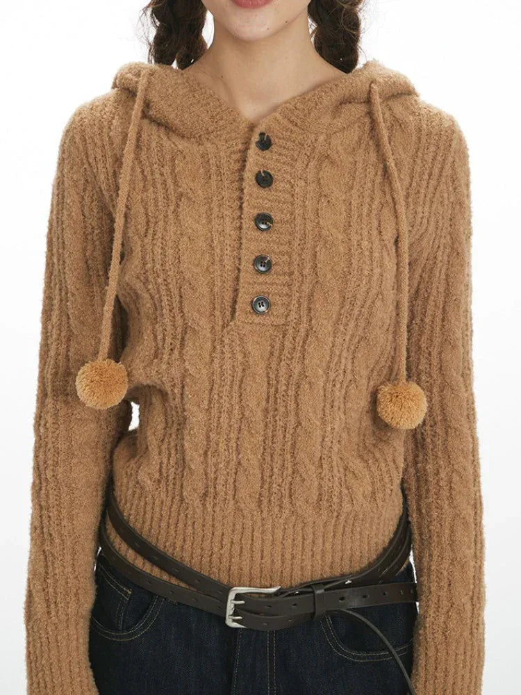 Soft Bouclé Knit Pom-Pom Hooded Sweater - TEVQA