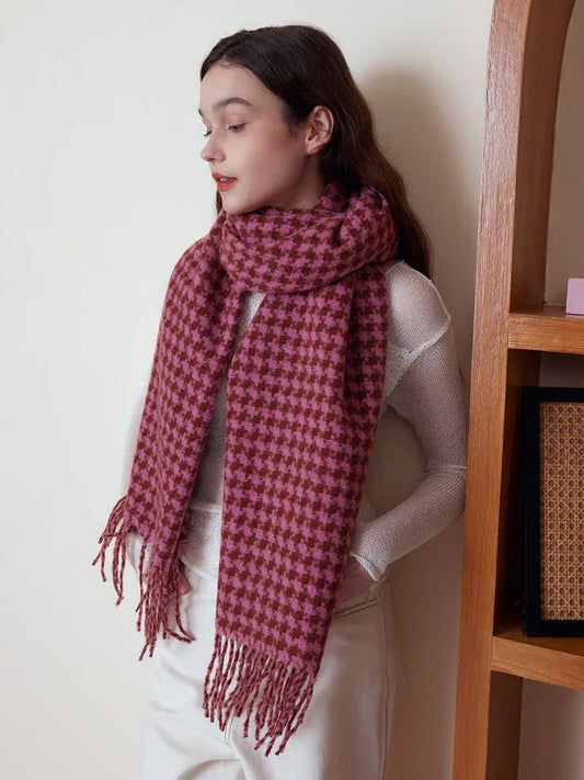 Oversized Faux Cashmere Houndstooth Scarf - TEVQA