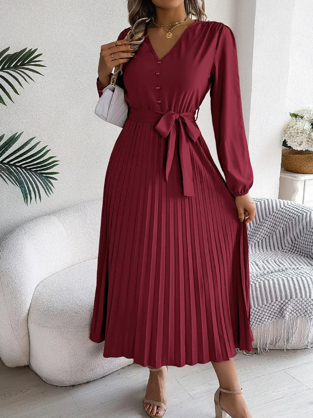 Vintage Khaki V-Neck Pleated Maxi Dress - TEVQA