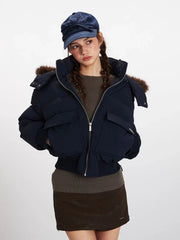 Retro Navy Cropped Puffer Jacket - TEVQA