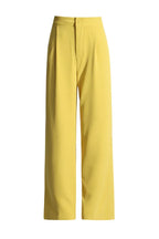 A pair of yellow wide-leg pants with a high waist and button closure, displayed on a white background.