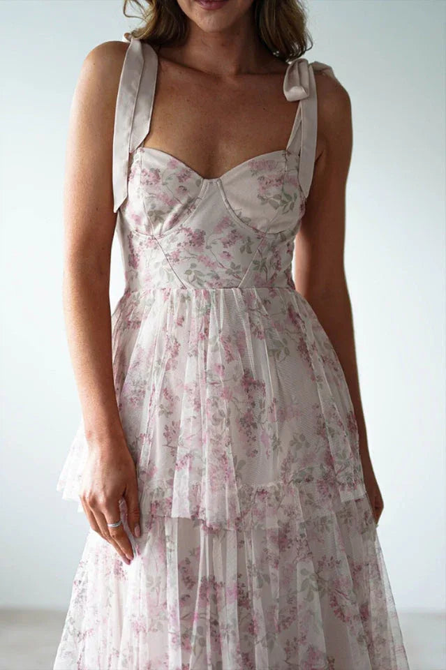 Tie Up Floral Print Tiered Maxi Dress - TEVQA