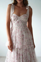 Tie Up Floral Print Tiered Maxi Dress - TEVQA