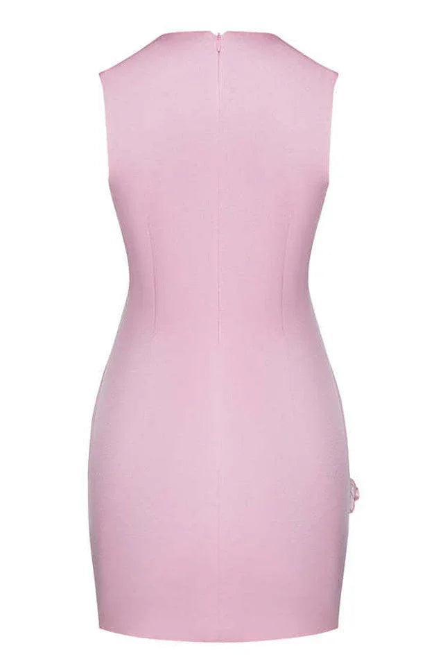 Rose embellished round neck cady mini dress - View 7 | TEVQA