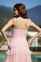Tiered Tulle V-Neck Evening Dress in Mistyrose - View 7 | TEVQA