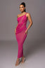 Woman wearing a long, one-shoulder, hot pink dress with ruching and sheer panels.