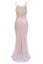 A sparkling lavender floor-length gown with a cowl neckline and spaghetti straps, back studio shot.