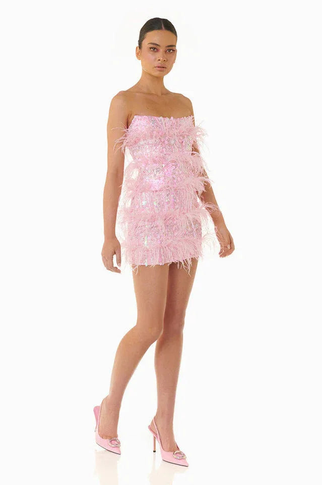 Pink sequin feather mini dress - View 7 | TEVQA