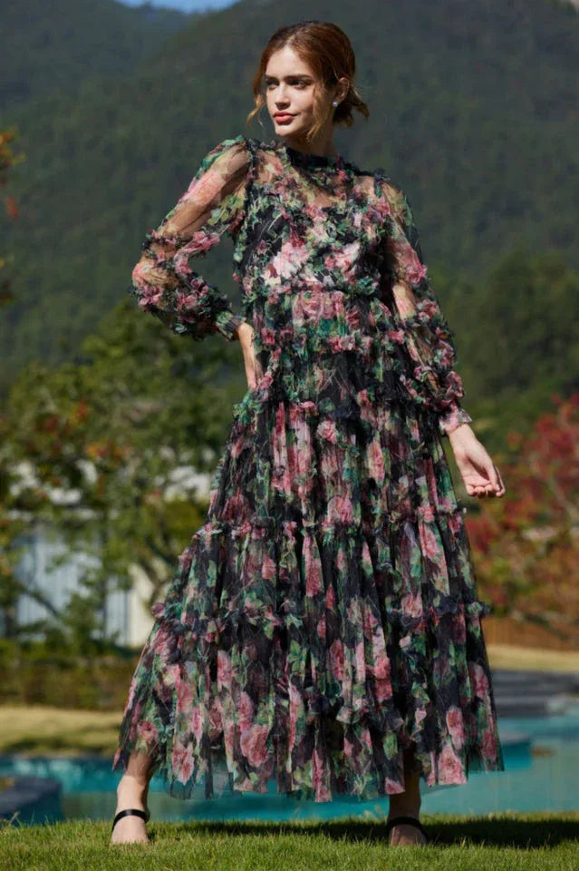 Floral Chiffon A-Line Dress - View 7 | TEVQA