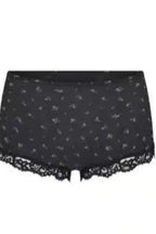 Black floral print briefs with scalloped lace trim