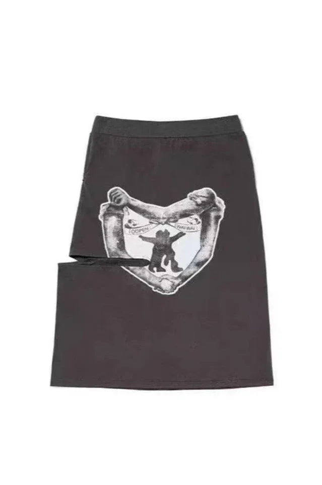 A grey graphic print midi skirt with cut-out details and a tie detail, shown flat against a white background.