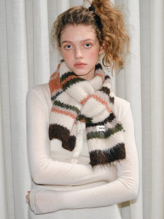 Fuzzy Stripe Knit Scarf Cream Multi