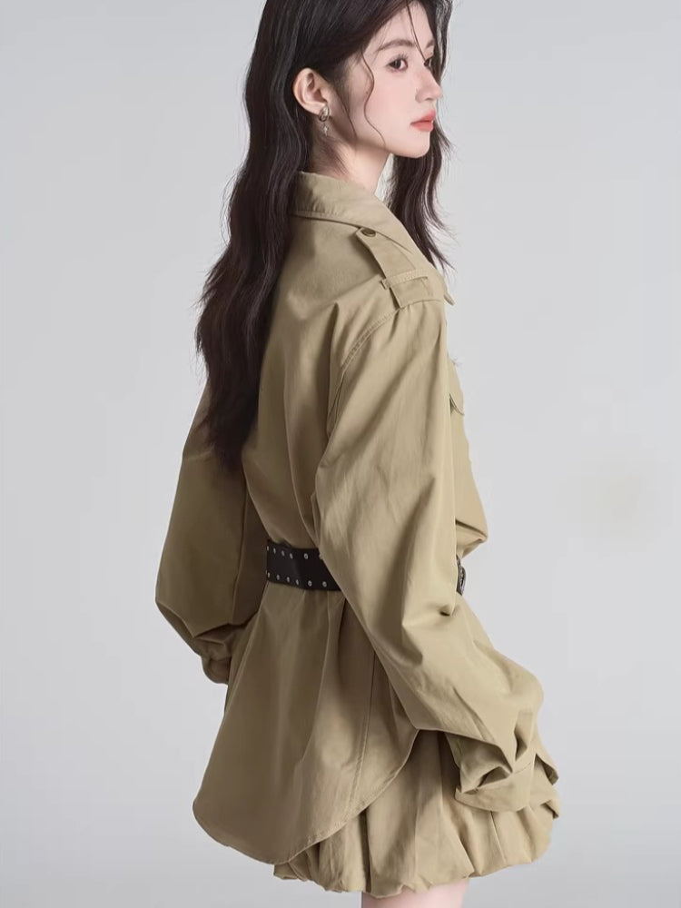 Khaki utility shirt and bubble mini skirt set with belt - View 6 | TEVQA
