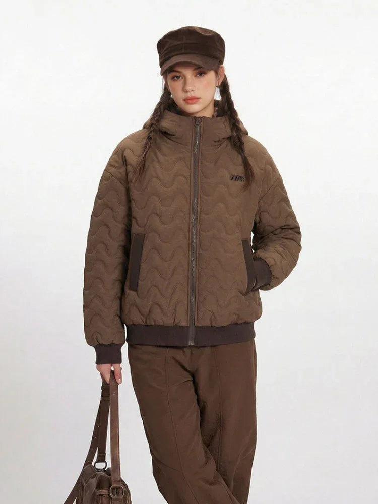 Vintage Mocha Wavy Quilted Hooded Puffer Jacket - TEVQA