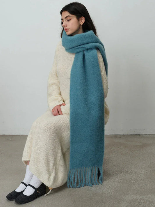 Oversized wool blend scarf in Vintage Blue or Monet Purple with tassels - View 2 | TEVQA