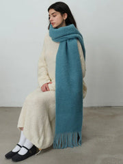 Oversized wool blend scarf in Vintage Blue or Monet Purple with tassels - View 2 | TEVQA