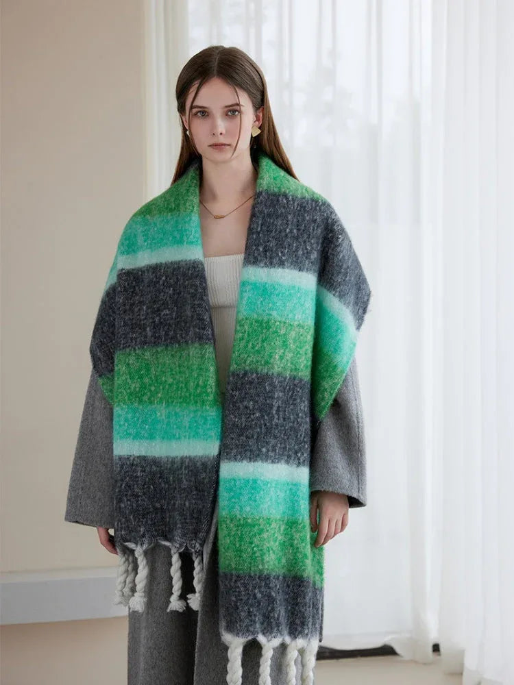 Oversized Monochrome Striped Tassel Shawl - View 11 | TEVQA