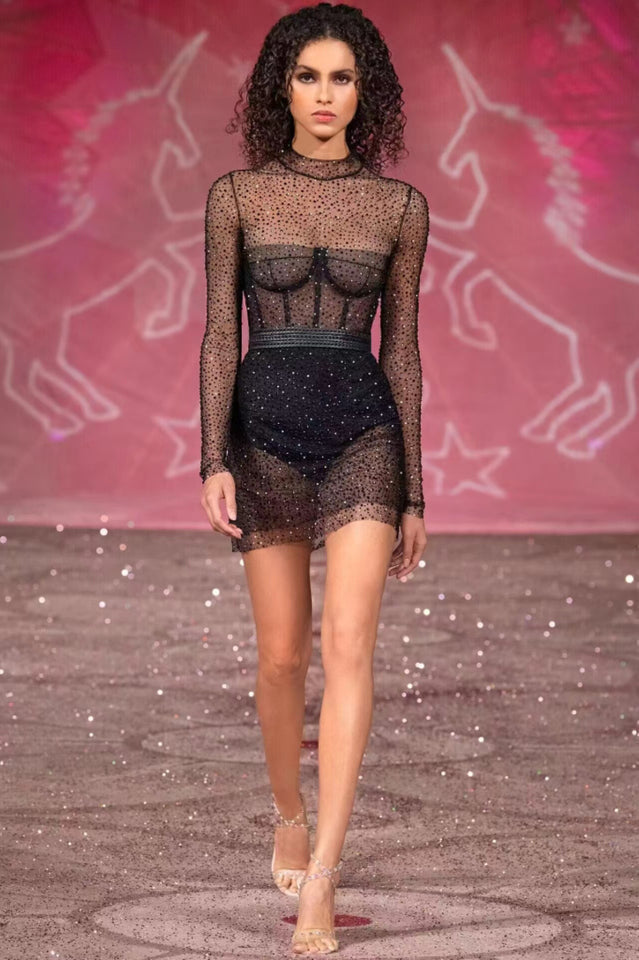 Adele Black Mesh Diamond Mini Dress | Dress In Beauty