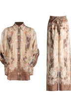 floral print button-down shirt and wide-leg pants set in brown and beige