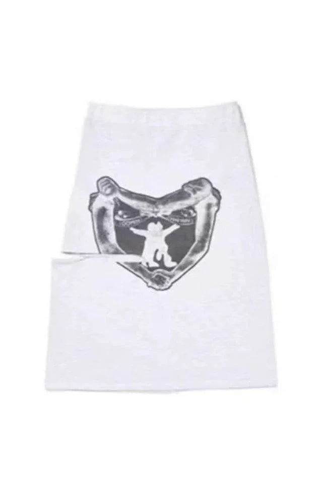 Light Gray Cotton Midi Skirt with Graphic Print and Side Cutouts - View 6 | TEVQA
