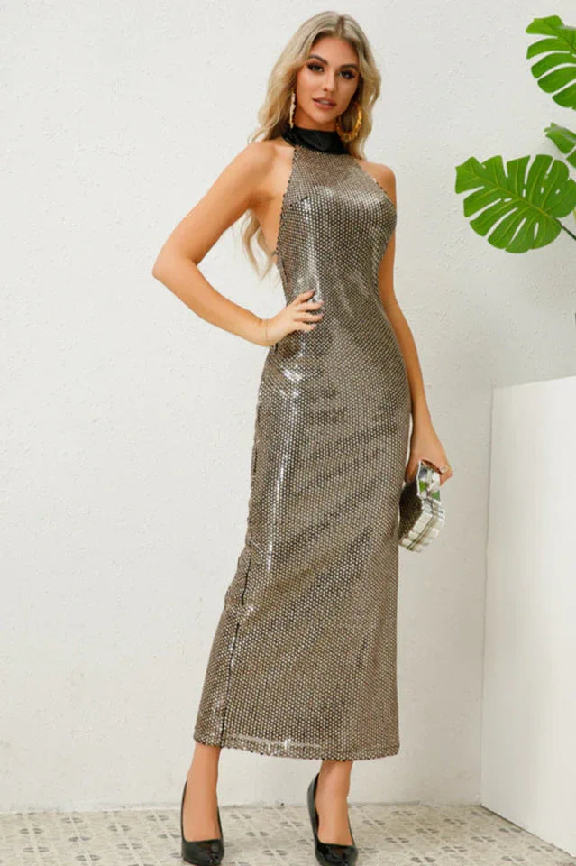 Textured Foil Halter Neck Maxi Dress - TEVQA