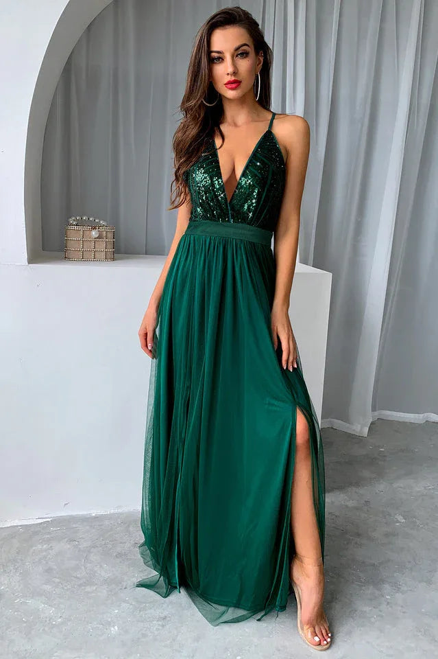 Sequin Tulle Evening Gown - View 13 | TEVQA
