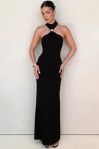 Floor length halter dress with gold trim - View 6 | TEVQA