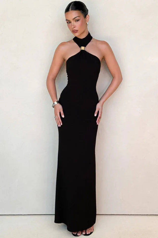 Floor length halter dress with gold trim - View 6 | TEVQA