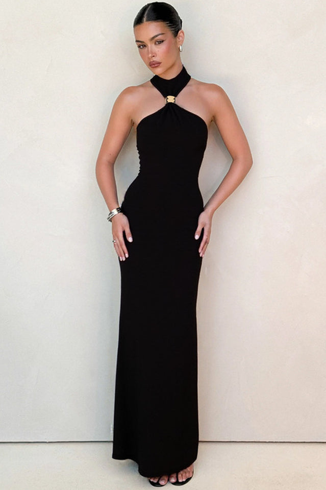 Golden Bead Trim Halter Sheath Dress | Dress In Beauty