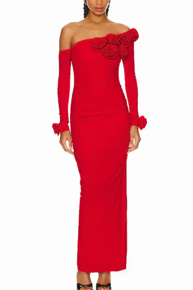 Front view of a red one-shoulder evening gown with rose appliqués.