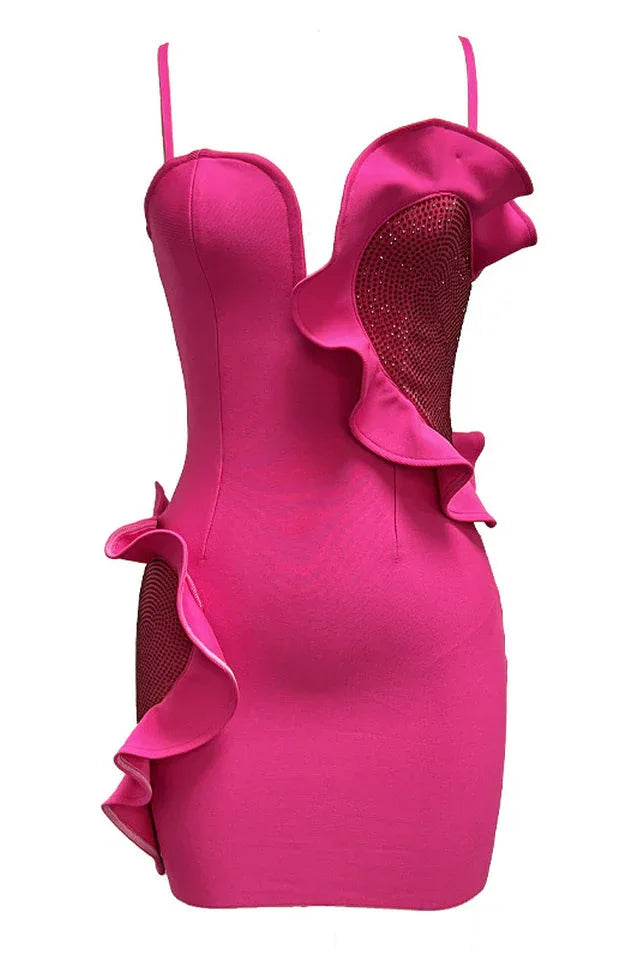 Fuchsia mini dress with ruffle and crystal details - View 7 | TEVQA