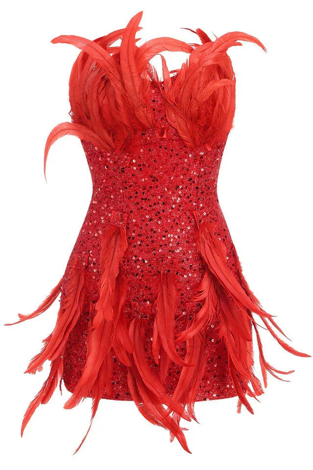 Front view of a red sequined mini dress with feather embellishments