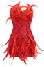 Front view of a red sequined mini dress with feather embellishments