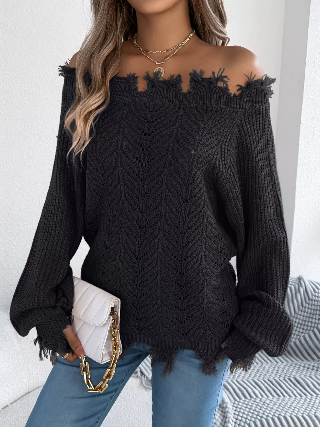 Distressed Off-Shoulder Knit Sweater - View 7 | TEVQA