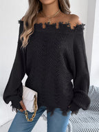 Distressed Off-Shoulder Knit Sweater - View 7 | TEVQA