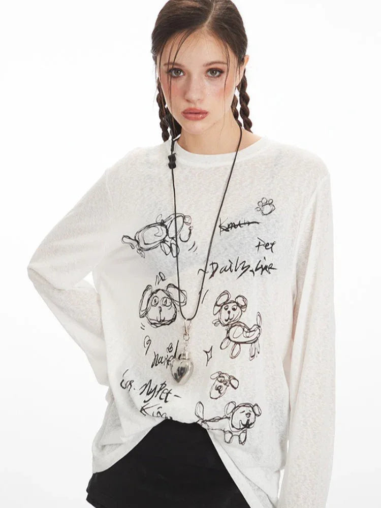 White Sheer Sketch Print Long Sleeve Tee - TEVQA