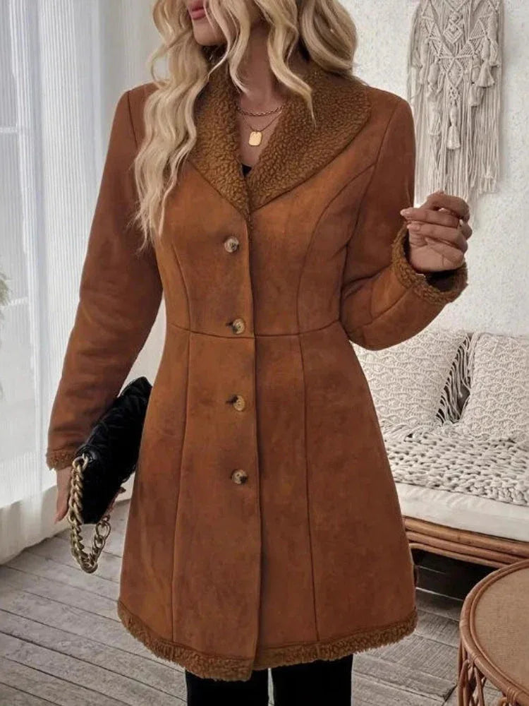 Vintage Chic Faux Suede & Shearling Mid-Length Coat - TEVQA Main image