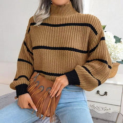 Striped Mock Neck Dropped Shoulder Sweater BLUE ZONE PLANET