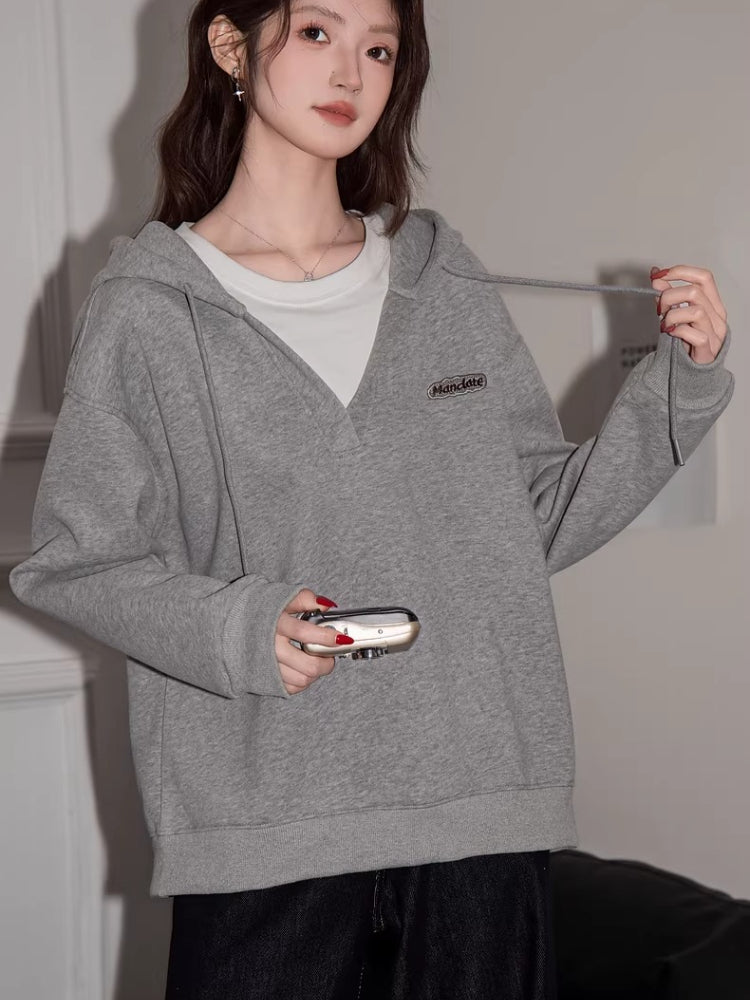 Oversized Mock Layered V-Neck Hoodie Grey