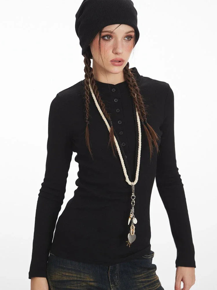 Y2K Essential Ribbed Henley Long Sleeve Top - TEVQA