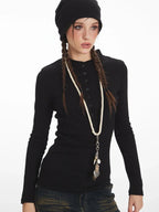 Y2K Essential Ribbed Henley Long Sleeve Top - TEVQA