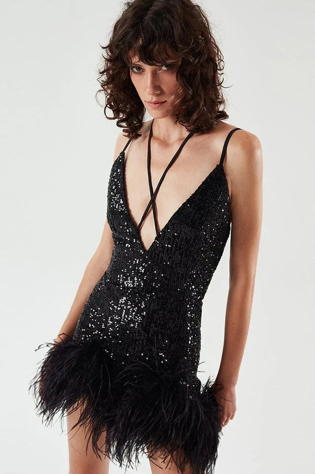 Mini Sequin Dress With Feather Trim - TEVQA