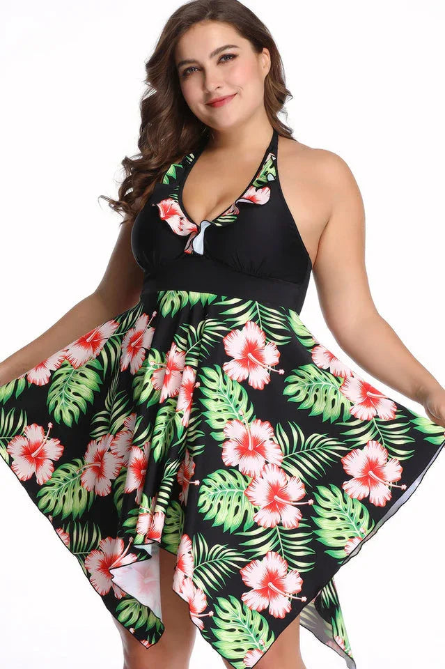 Plus-size women's black floral print halter neck one-piece swimsuit with skirt overlay, front view Main image