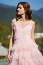 Tiered Tulle V-Neck Evening Dress in Mistyrose - View 6 | TEVQA
