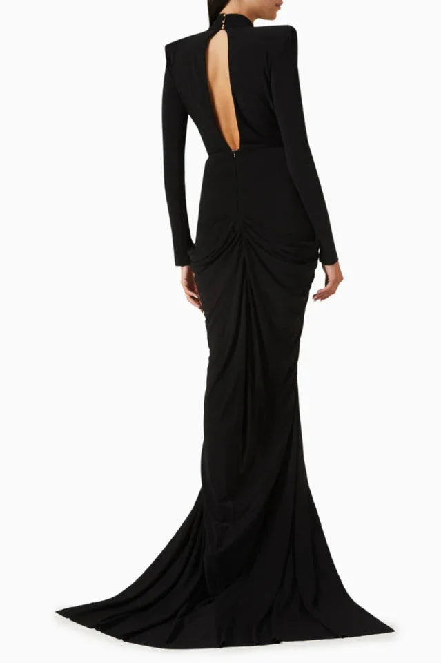 Embellished V-Neck Draped Gown - View 6 | TEVQA